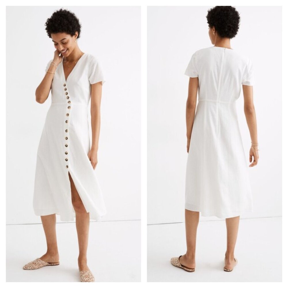 Madewell Linen-Blend Button-Wrap Midi Dress 4 White/Cream